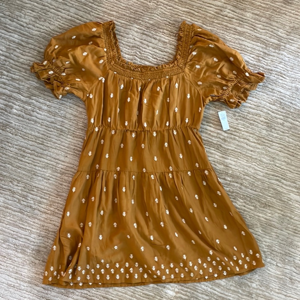 Mustard cotton ivory embroidered flower puff sleeve dress